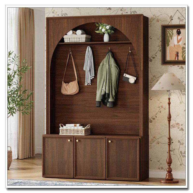 All-in-One Hall Tree with Adjustable Shelves, Retro Arched Entryway Storage Bench with 3 Cabinets, Walnut