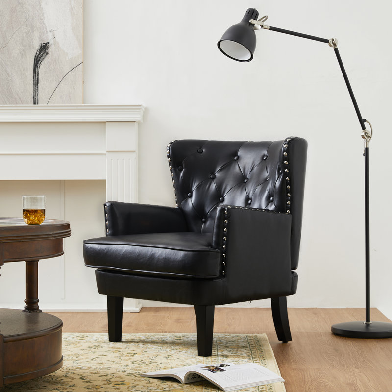 Fauteuil club à oreilles Vegan, Similicuir noir