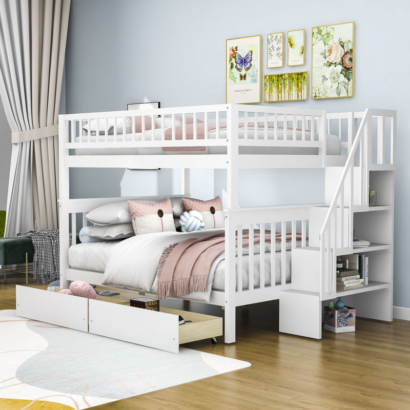 Lit superposé double en bois avec tablettes Graner Kids, Blanc