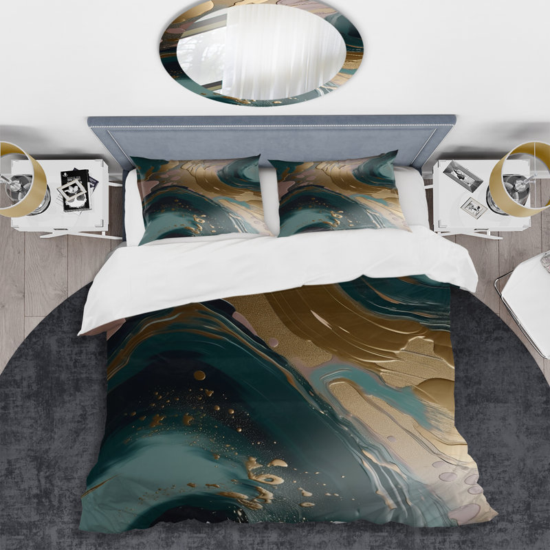 Ensemble de housse de couette en marbre abstrait doré et vert Harmony Swirls III