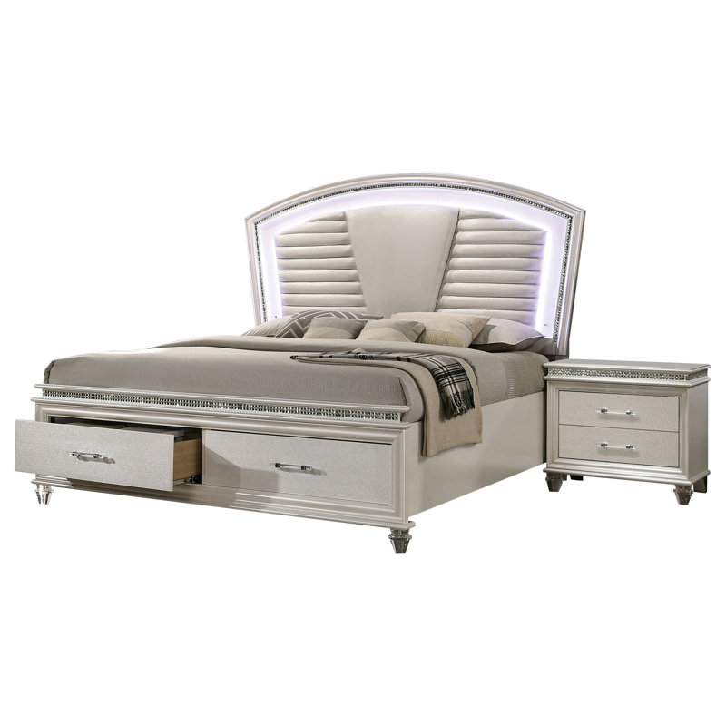 Ensemble de chambre avec lit plateforme 3 pièces Belliveau, Très grand, Blanc perle, 2 Pcs: Bed, Nightstand