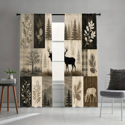 2PCS Rustic Woodland Patchwork Light Filtering Curtains, Forest Scene with Deer Tree and Pine Cone, Country Nature Motif, Rod Pocket Easy Hang Design, All-Season for Living Room, Bedroom, Dormitory