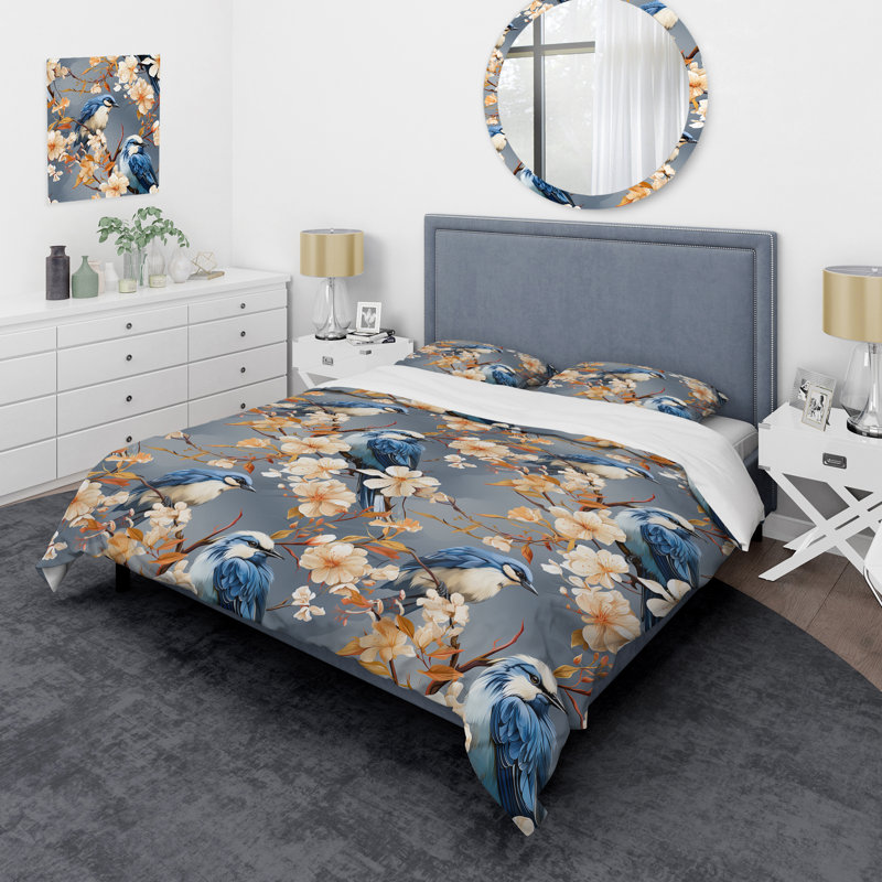 White And Blue Bird Floral Serenade I Floral Duvet Cover, Twin Duvet Cover + 1 Standard Sham