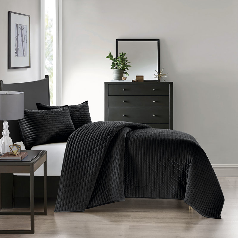 Pointehaven Black Velvet Oversized Channel Quilt Set, Full/Queen, Full/Queen Quilt + 2 Standard Shams, Black