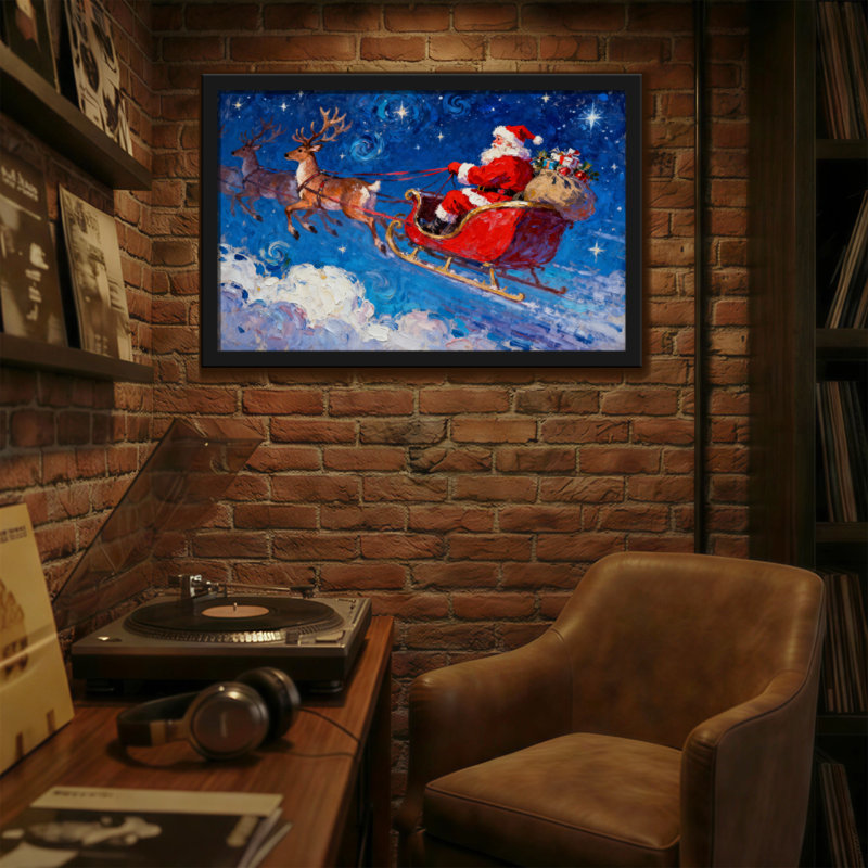 Père Noël de Noël volant avec des rennes dans le ciel nocturne, H 16 po x l 24 po