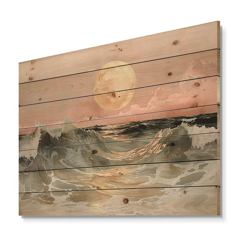 «Bold Rose Sand Beach Horizon I», impression sur bois de vagues côtières - sur bois de pin naturel