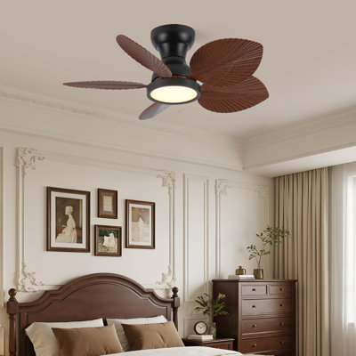30 Inch Low Profile Flush Mount Tropical Ceiling Fan with Lights & Remote Control, Palm Leaf Ceiling Fan for Small Spaces, Brown