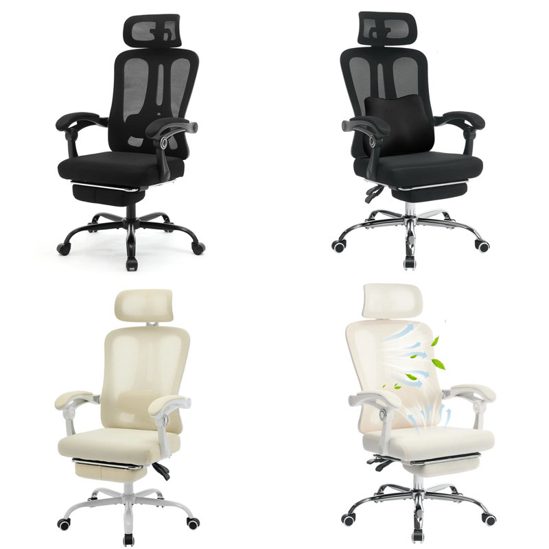 Mesh Ergonomic Office Chair with Footrest, Wheels 360 Swivel, White, Beige