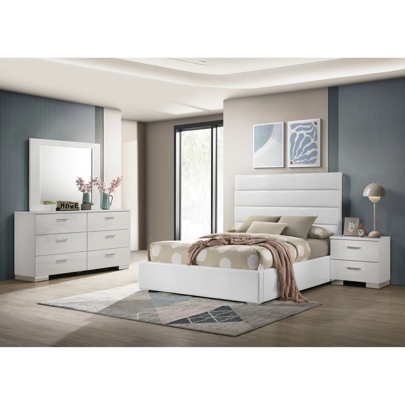 Ensemble de chambre double 4 pièces Dulcey, Ensemble de 4 pièces : lit, table de chevet, comm, Lit double