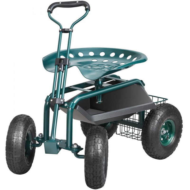 Green Steel Rolling Garden Cart with Swivel Seat and Storage