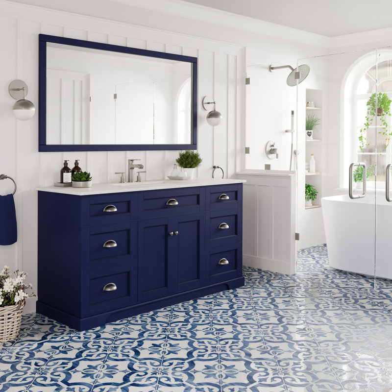 Meuble-lavabo Didopenico l 60 po x P 22 po avec comptoir en quartz Carrara et lavabo en porcelaine encastré, Bleu