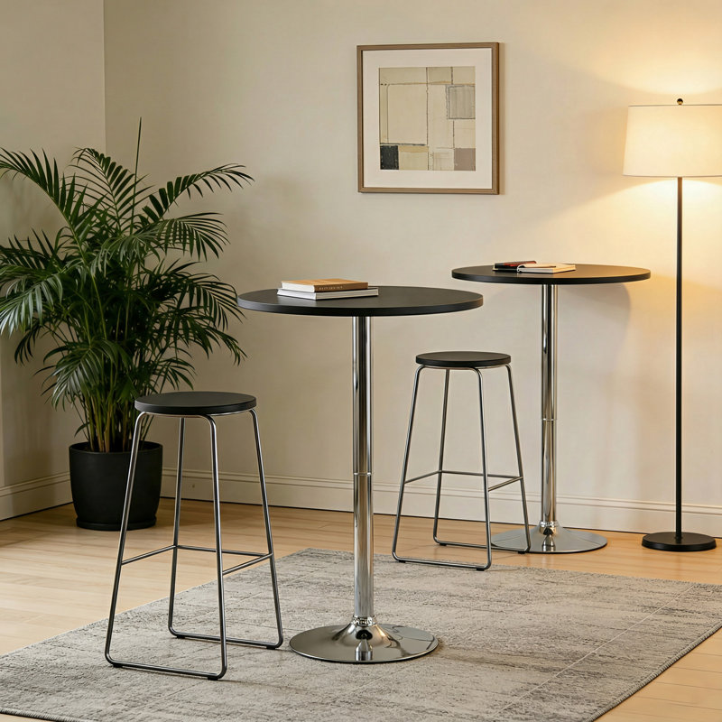 Tables de salle à manger à piédestal et tables de bistro rondes 2 pièces 39,5 "Nuno, Noir, Argent argent