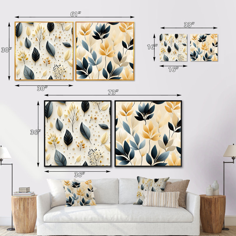 Tring - Ensemble de 2 collages carrés floral et botanique, H 16 po x l 33 po, Cadre flottant doré