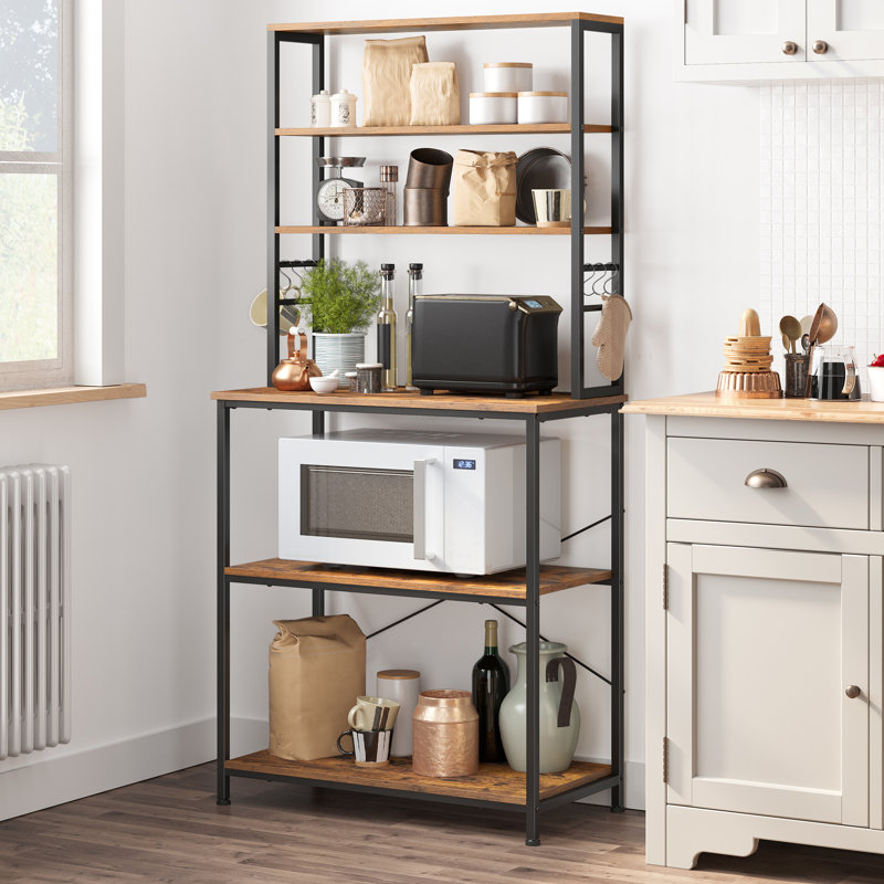 Kitchen Storage Rack 6 Shelves 6 Hooks Steel Frame Baker's Rack for Microwave, 167cm H x 80cm W x 40cm D, Brown/Black