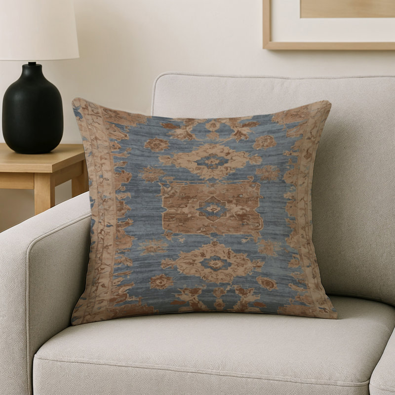 Coussin décoratif intérieur et extérieur Modern, Bleu / beige / brun damassé, Carré 16 po
