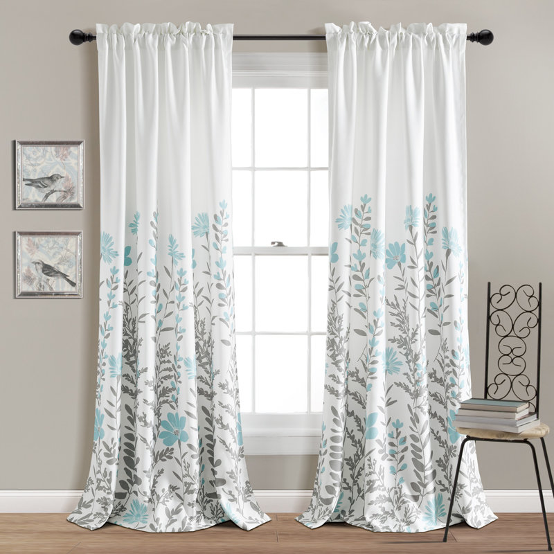 Aprile Blue and Gray Floral Light Filtering Curtain Panels