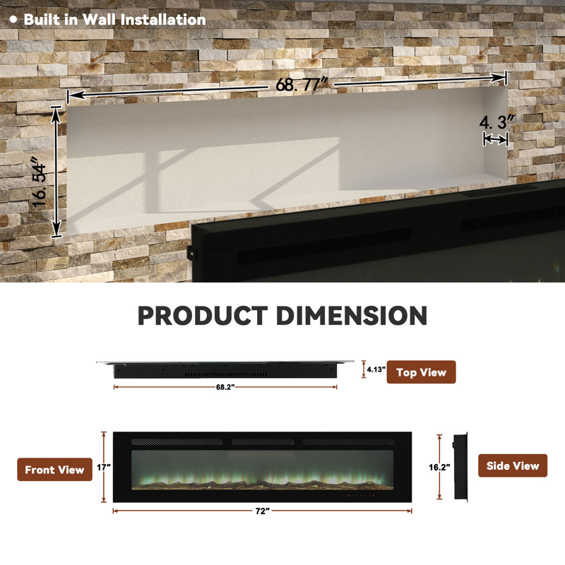 1500W Recessed-in Electric Fireplace with 3-Color Top Light, Remote Control, and Touch Screen, 17" H x 72" W x 5.5" D