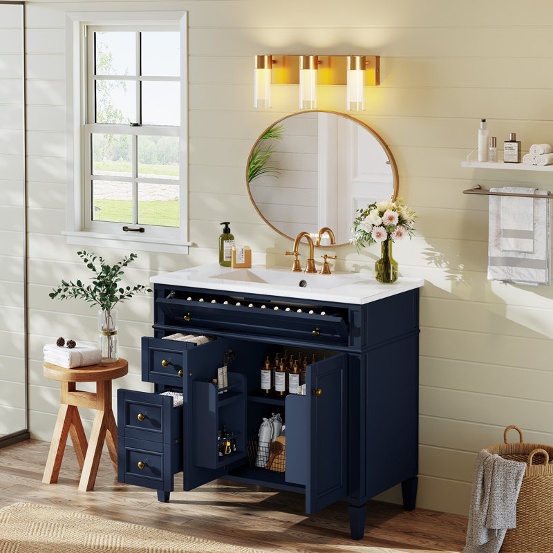 Solid Wood Bathroom Vanity And Tri-color Led Light Set, Blue/Gold, Gold