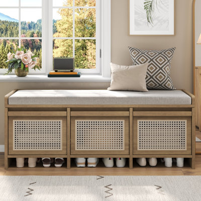 Banc de rangement l 48 po avec coussin amovible, rangement caché et 3 tiroirs, maison de campagne moderne, vestibule