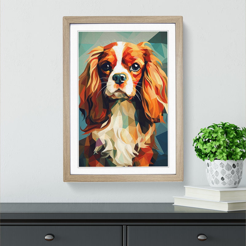 Cavalier King Charles Spaniel Cubism - Single Picture Frame Print on Wood, Oak Framed, 46cm H x 34cm W x 2cm D