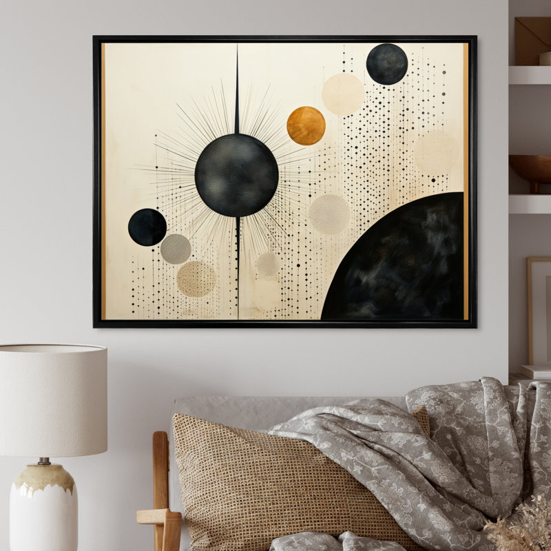 Beige noir Mid Century Minimalist Oasis, reproduction d'art sur toile, Cadre flottant noir, H 24 po x l 32 po x P 1 po