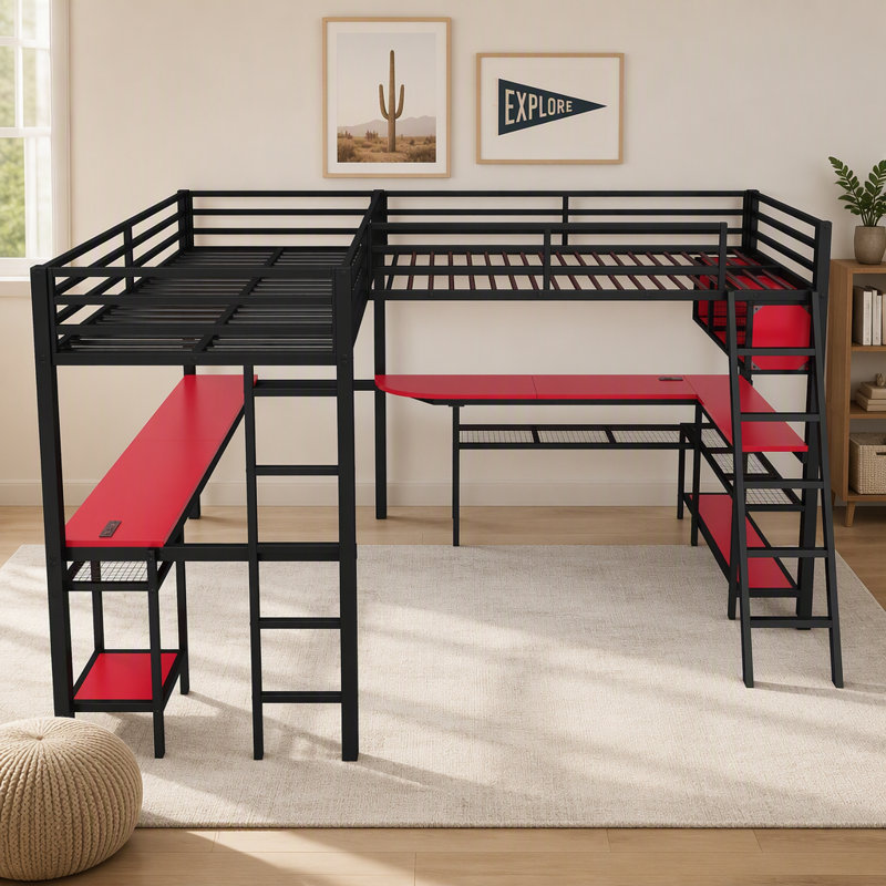 Lit mezzanine en métal en forme de L pour une personne, avec éclairage DEL et tablettes de rangement