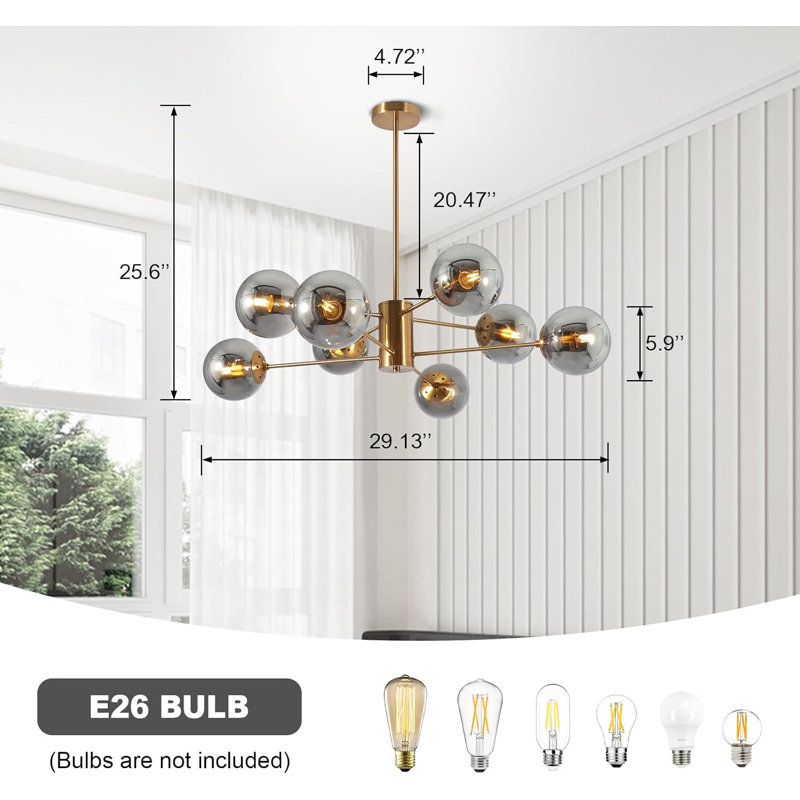 Lustre 8 lumières de style Mid-Century moderne avec pendentifs en verre bullé, cadre en métal laiton pour la salle à manger, la cuisine et l'éclairage du salon