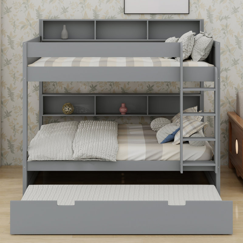 Lit superposé multifonctionnel avec lit gigogne et rangement, Gris, Simple sur simple