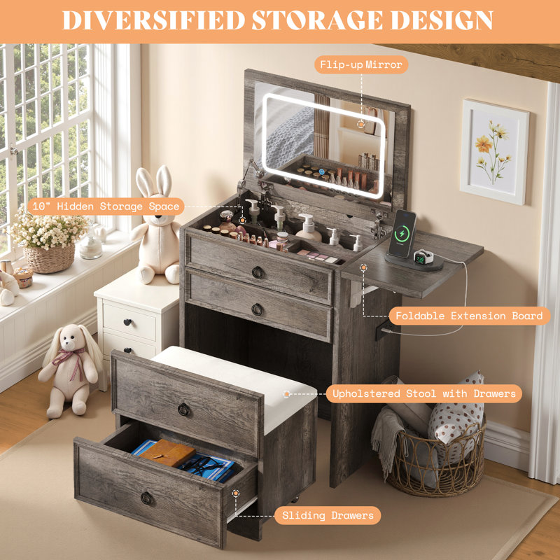  3-in-1 Small Farmhouse Makeup Vanity, Sliding Stool, Fold-up Panel, Divided Storage, Gray, Gray/Gray