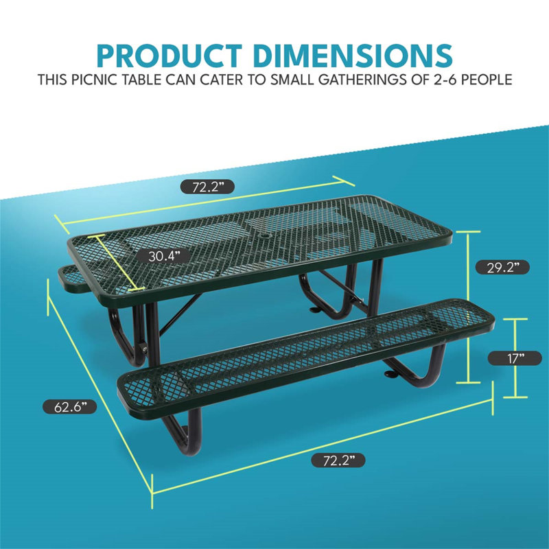 6 pi Table de pique-nique rectangulaire en acier pour l'extérieur avec mât de parasol vert