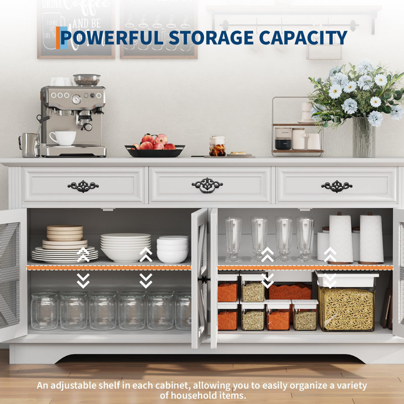 63" Buffet Cabinet, Coffee Bar Cabinet with 3 Drawers, Adjustable Shelves, Charging Station and 4 Mesh Barn Doors