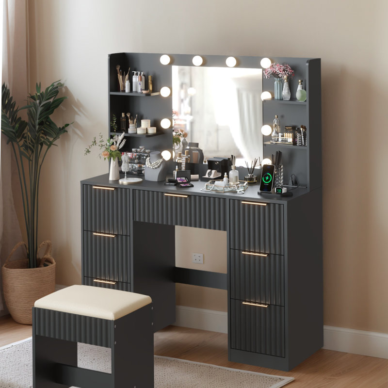 Ensemble de meuble-lavabo lumineux - 10 ampoules à intensité variable 3 couleurs, 7 tiroirs, Noir