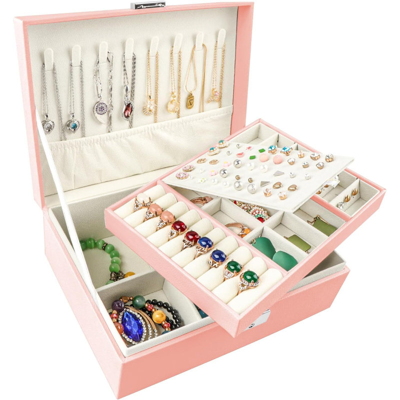 Boîte à bijoux en cuir PU à 2 couches pour colliers et bagues, Rose