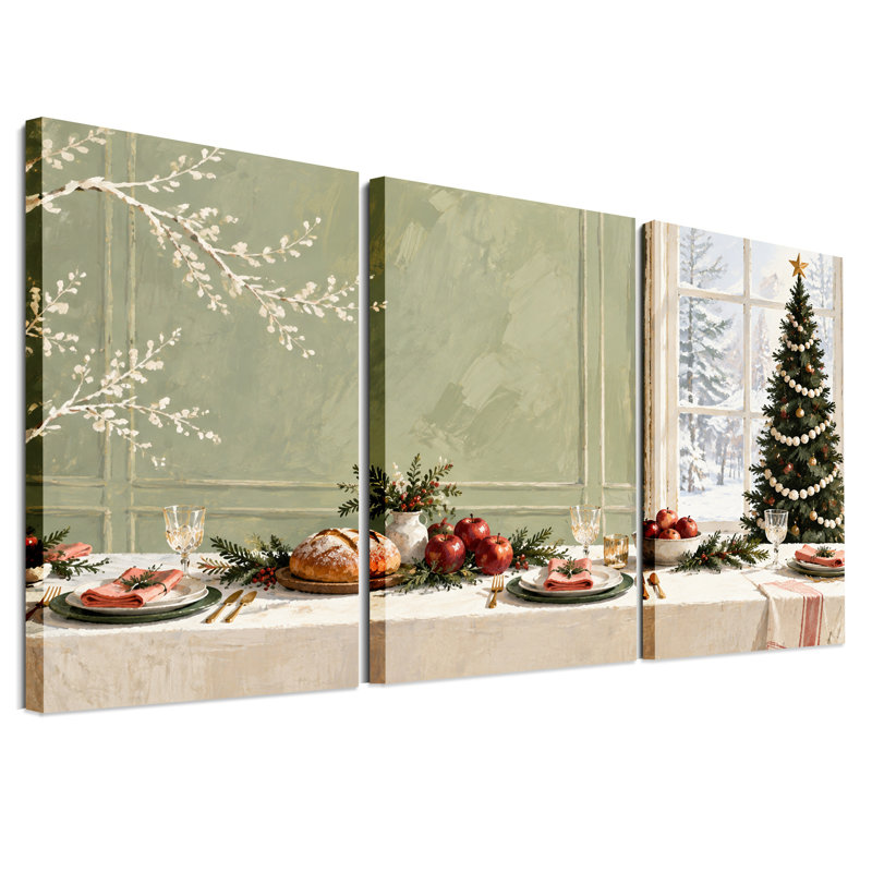" Table Setting with Snowy Forest View Christmas " 3 Piece Art, 60"W x 30"H Overall - 3 Panels