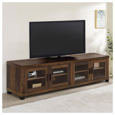 Meuble TV Heron en pin foncé de 79 pouces pour téléviseurs jusqu'à 85 pouces, console multimédia en bois d'ingénierie avec portes en verre trempé et étagères réglables