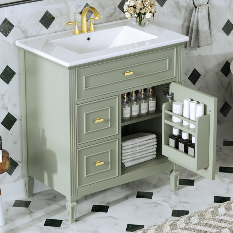Ensemble de meuble-lavabo autoportant 30 pouces en blanc avec lavabo en céramique, Vert