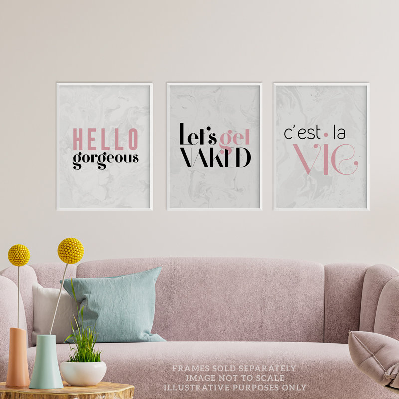 Stylish Bedroom Hello Gorgeous Cheeky Black Pink Marble - 3 Piece No Frame Print Set, 29.7cm H x 21cm W x 0.4cm D