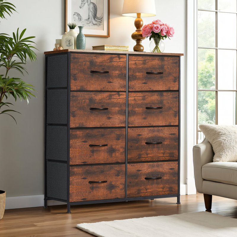 Wassil 8 Drawer 31.5''W Double Fabric Dresser With Wood Grain Prints, Brown