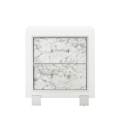 Table de chevet spacieuse en marbre blanc avec tiroirs décoratifs