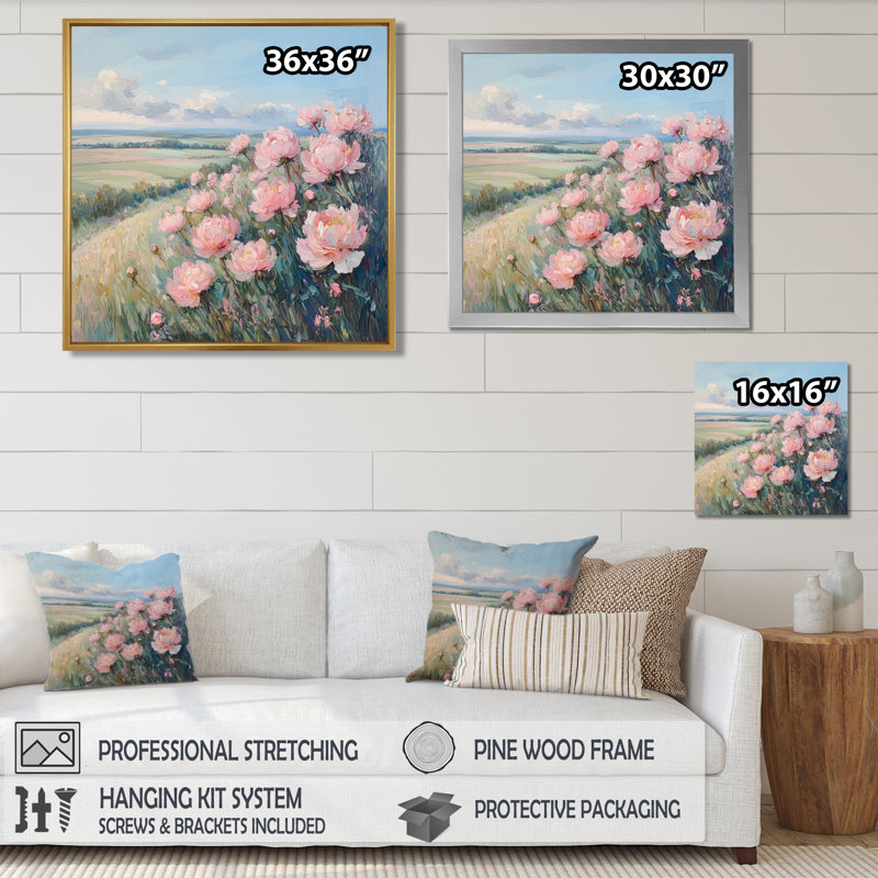 Pivoines à la ferme II - Pivoines, reproduction sur toile, H 30 po x l 30 po, Impression encadrée flottante, Crème, crème