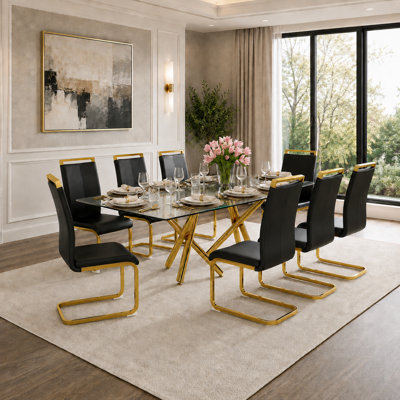 Contemporary Glam Tempered Glass 9-Piece Dining Set with Cantilever Chairs
