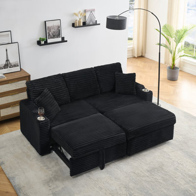 Multi-Function Sofa With Hidden Reclining, Space Saving Design, Armrests, Cup Holders And Removable Footstool For Comfortable Living