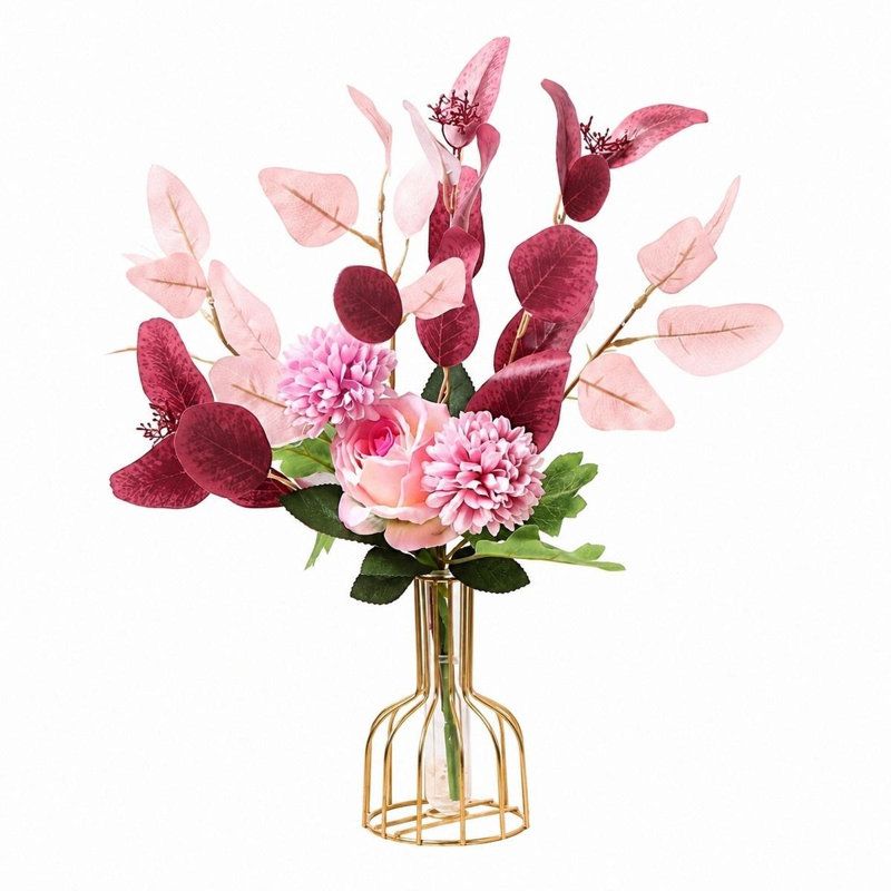 Arrangement de fleurs artificielles mixtes de 15 pouces dans un vase en verre, Pink