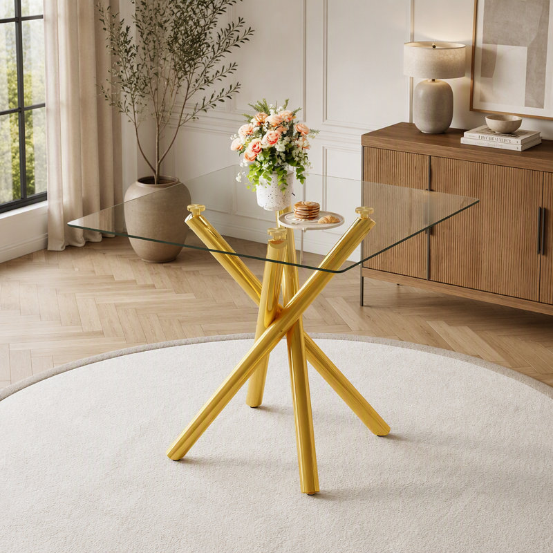Table de bar moderne en or avec plateau en verre trempé, pieds en croix robustes pour la maison et la cuisine
