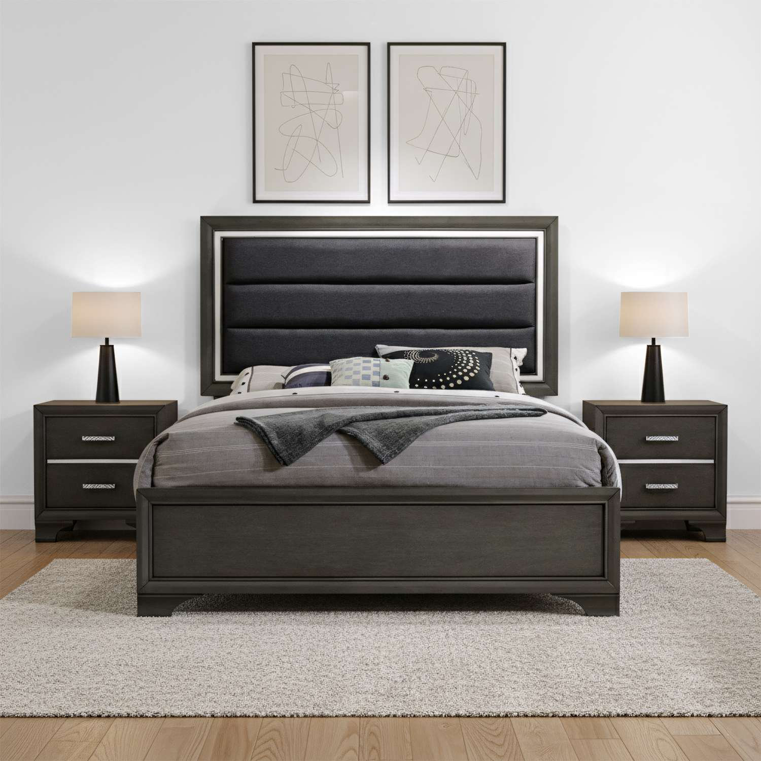 Ebern Designs 3-Piece Modern Charcoal Grey Bedroom Set with Upholstered ...