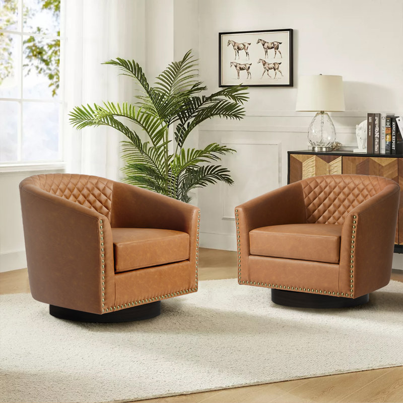 75.2Cm Wide Tufted Swivel Barrel Chair, Coffee Faux Leather