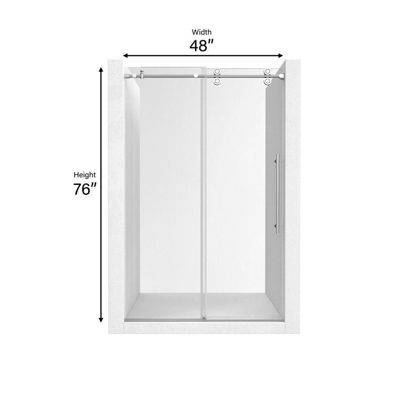 Porte de douche coulissante simple sans cadre de 44 à 48 po x H 76 po avec fermeture en douceur, verre trempé transparent et accessoires en acier inoxydable