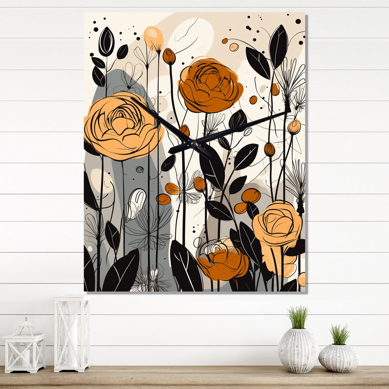 Horloge murale rétro avec fleurs sauvages en terre cuite rétro VI, Très grand