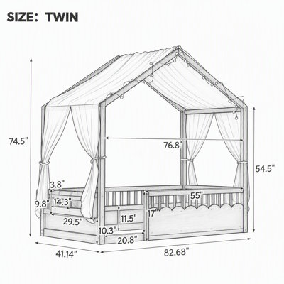 Lit de sol pour enfants Montessori, structure de lit à baldaquin en bois avec garde-corps de sécurité et porte, guirlande lumineuse intégrée et bibliothèque, profil bas, aucun sommier tapissier requis