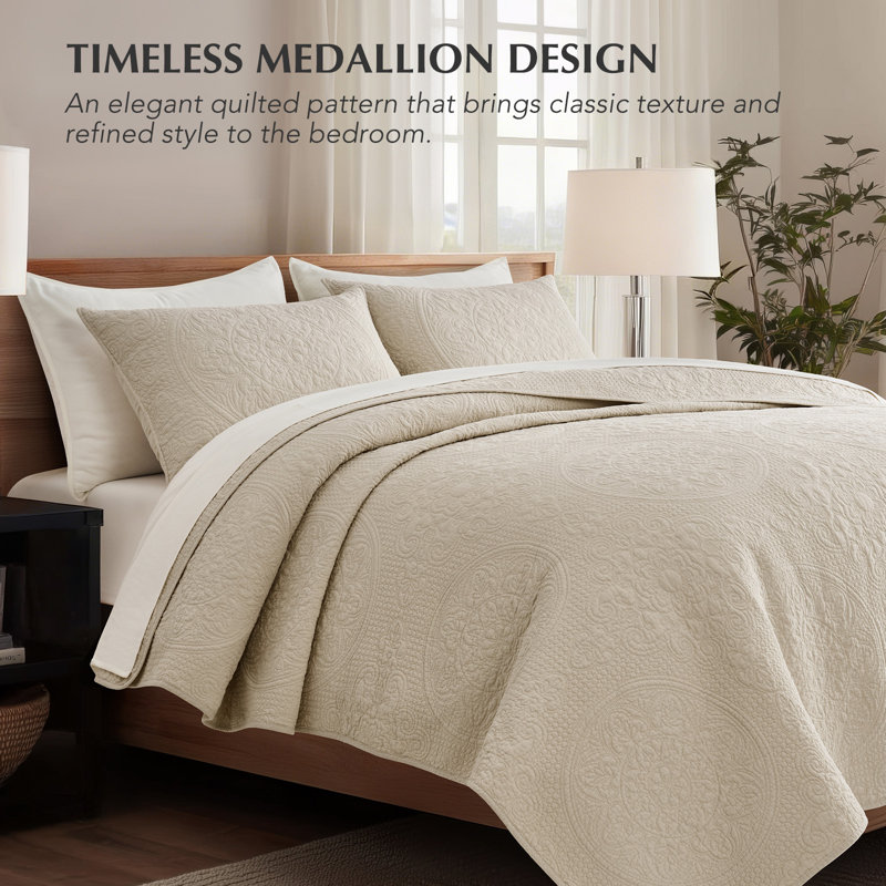 100% Cotton Medallion Stitch Quilt Set, King Quilt + 2 King Shams, Birch